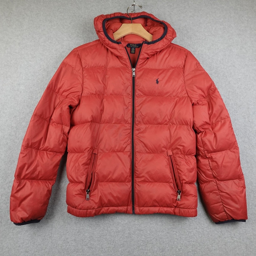 Kids Polo Ralph Lauren Red Puffer Jacket Hooded Full Zip Logo L 14-16 Embroider